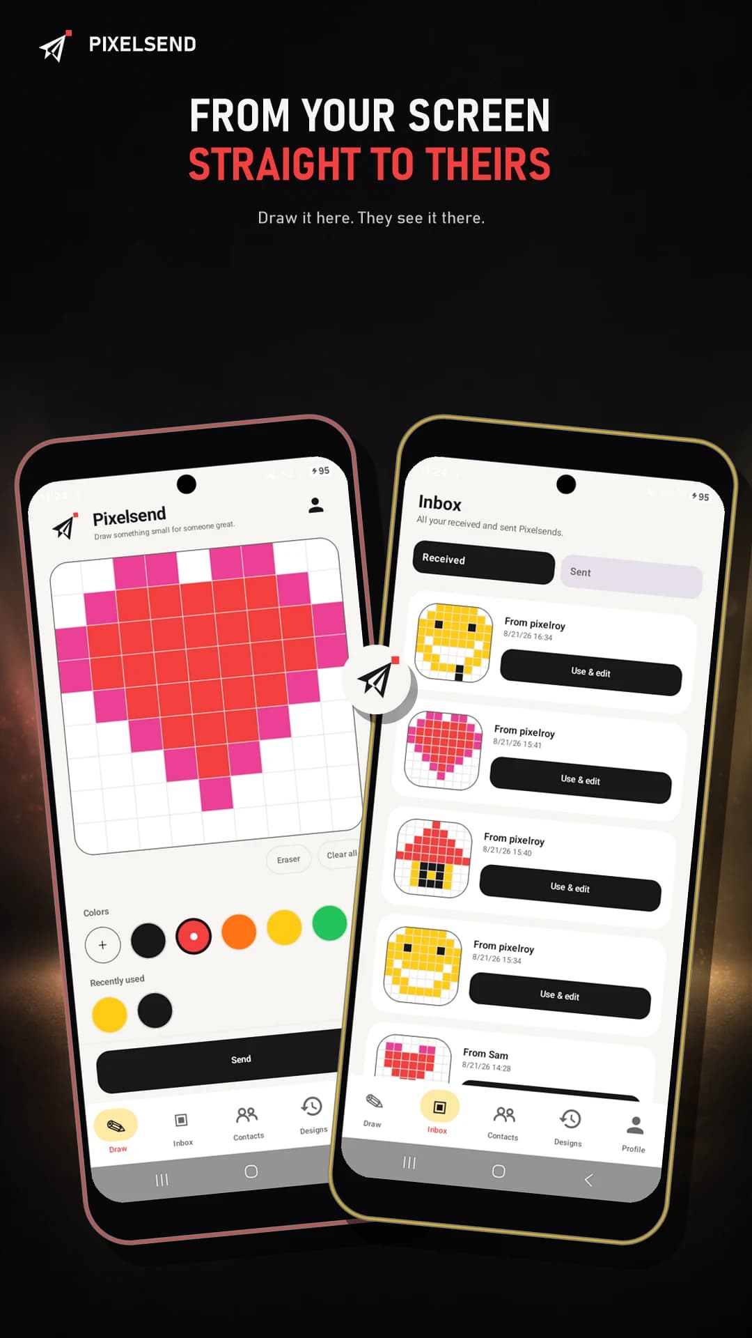 Pixelsend verstuurt een persoonlijke pixeltekening tussen twee telefoons