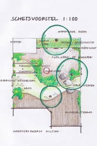 Schetsvoorstel voor tuinindeling met terras en groen