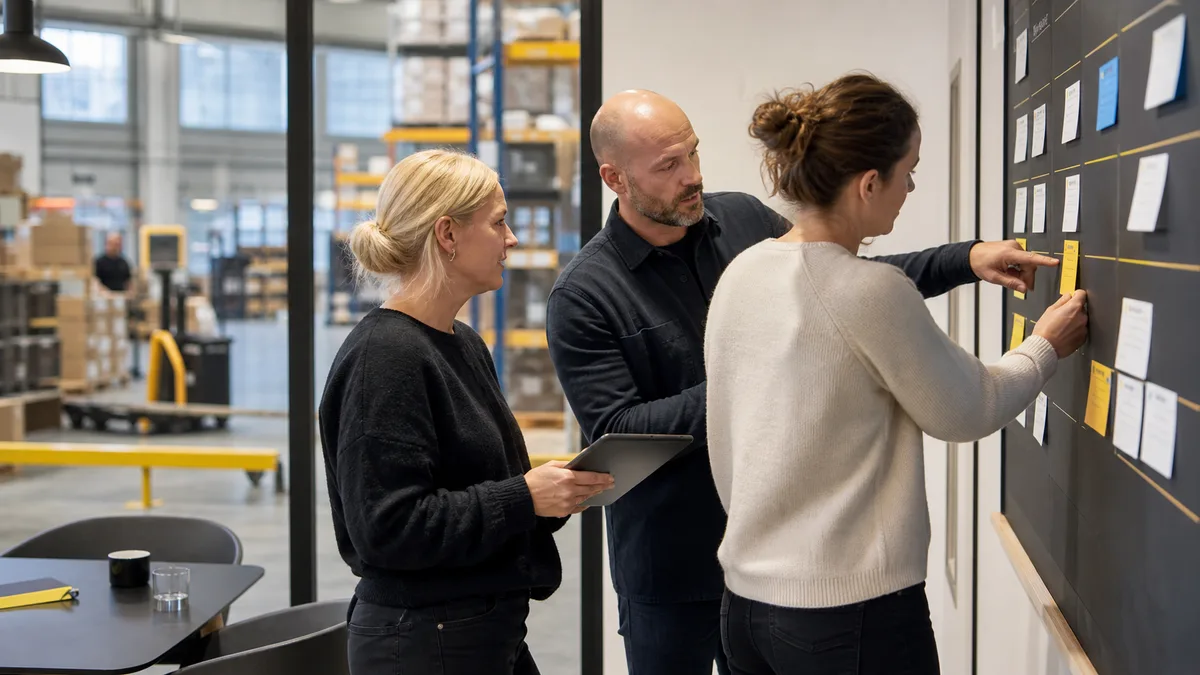 Drie deelnemers ordenen processtappen op een werkbord