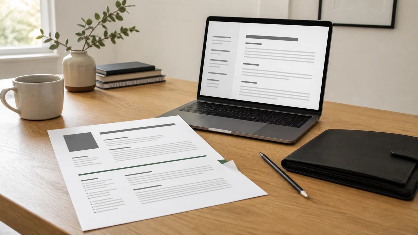 Een verzorgd cv op een laptop naast gecontroleerde notities en een geopende PDF