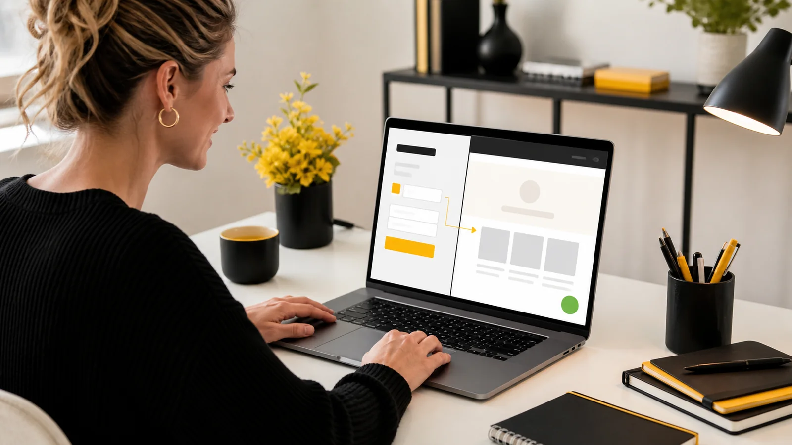 Een ondernemer stelt een groene WhatsApp-contactknop in en bekijkt de voorbeeldweergave op een laptop