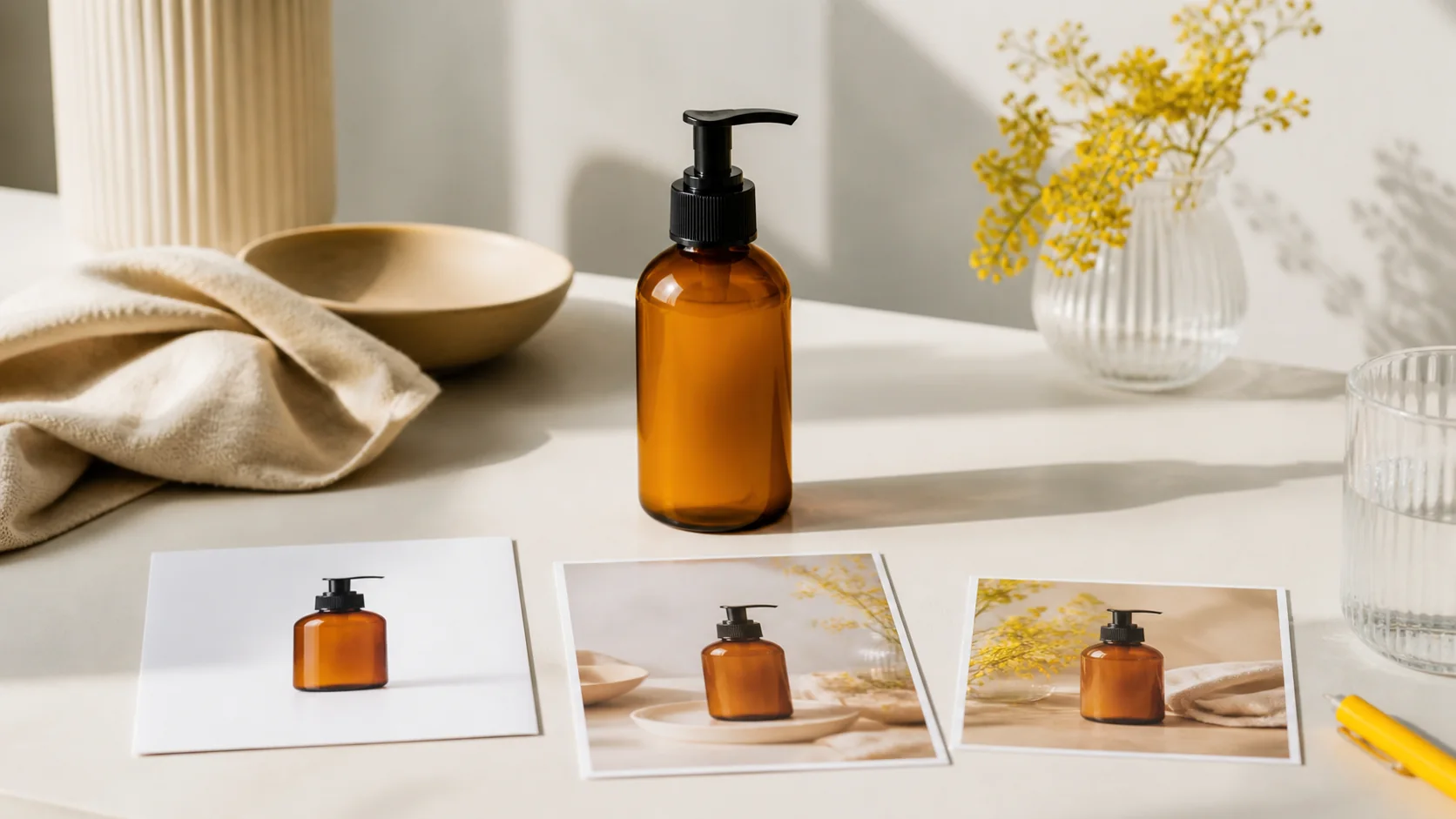Een amberkleurige productfles met drie professionele beeldvarianten op een rustige werktafel
