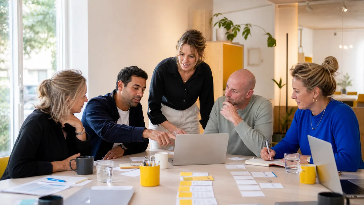 Vijf deelnemers werken samen rond een laptop en werkmateriaal