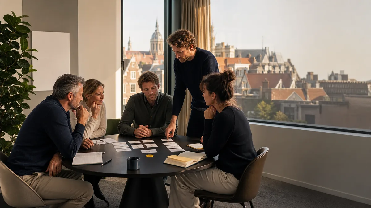 Een team bespreekt processtappen en een praktische AI-aanpak aan tafel