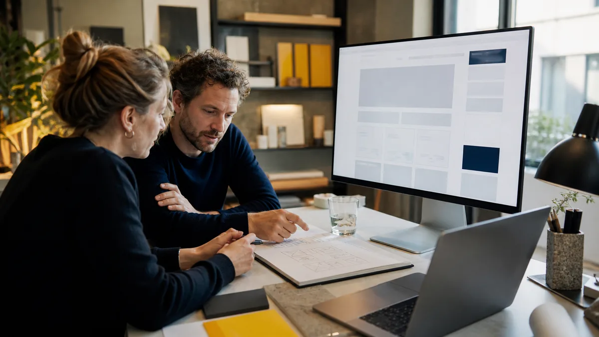 Twee deelnemers bespreken de opbouw van een website op een groot scherm